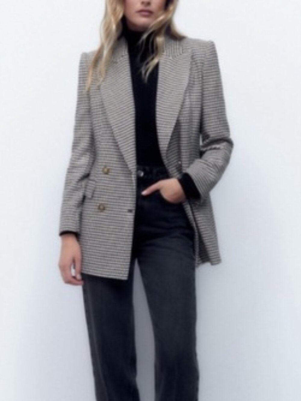 ZARA Houndtooth Double Breasted Long Blazer Jacket